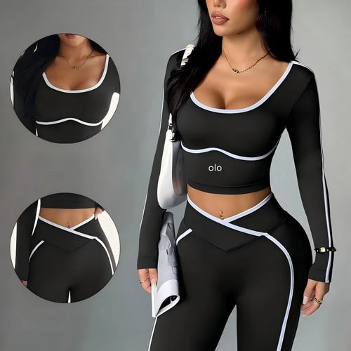 2026 Popular Color Blocking Yoga Set, Tight Yoga Long Sleeved Pants V Waist and Hip Lifting Tight Yoga Pants Luxury Set