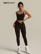 2 Piece Yoga Set Women Crossover V Waist Leggings Contrast Trim Sports Bra Gym Workout Matching Set Fitness Activewear Suit