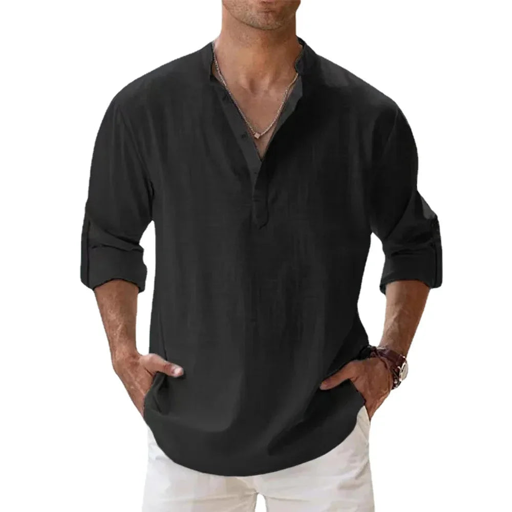 Cotton Linen Hot Sale Men's Long Sleeve Shirts Summer Solid Color Henley Collar Casual Beach Style Hawaiian Vacation
