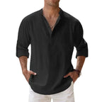 Cotton Linen Hot Sale Men's Long Sleeve Shirts Summer Solid Color Henley Collar Casual Beach Style Hawaiian Vacation