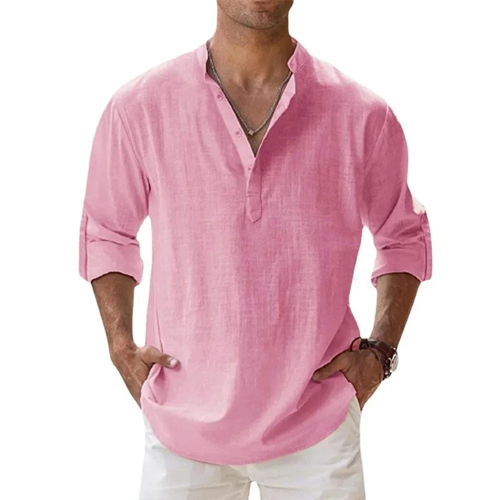 Cotton Linen Henley Long Sleeve Beach Shirt for Men