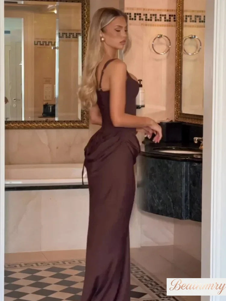 Solid Pleated Sling Dress Women Square Neck Sleeveless Off-shoulder Waist Cinching Slim Dresses Lady Summer Evening Party Gowns