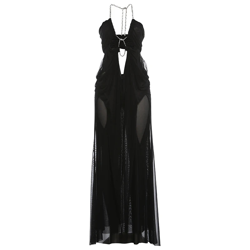 Kliou Ruched Elegant Gown Dress Woman Mesh Patchwork Luxury Chain Halter Backless Sleeveless Evening Prom Party Hipster Vestidos