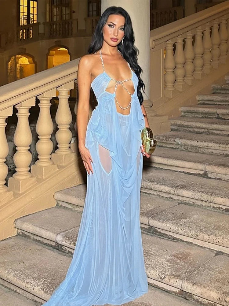 Kliou Ruched Elegant Gown Dress Woman Mesh Patchwork Luxury Chain Halter Backless Sleeveless Evening Prom Party Hipster Vestidos