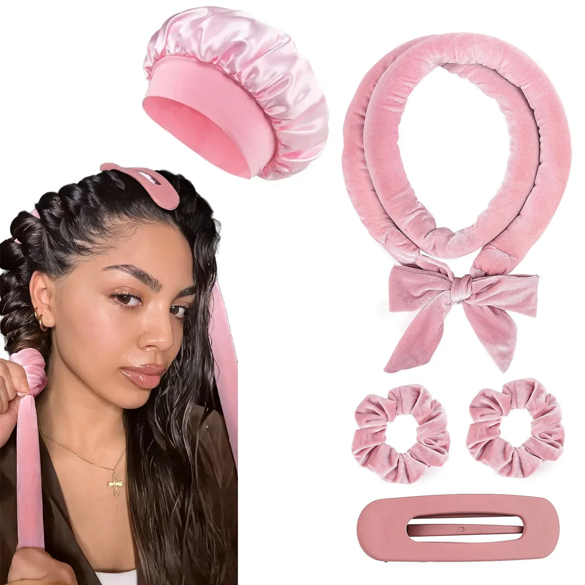 Heatless Hair Curler Set with Satin Bonnet No Heat Sleep in Curlers Headband Soft Hair Curler Satin Curlers Curls Styling Tools