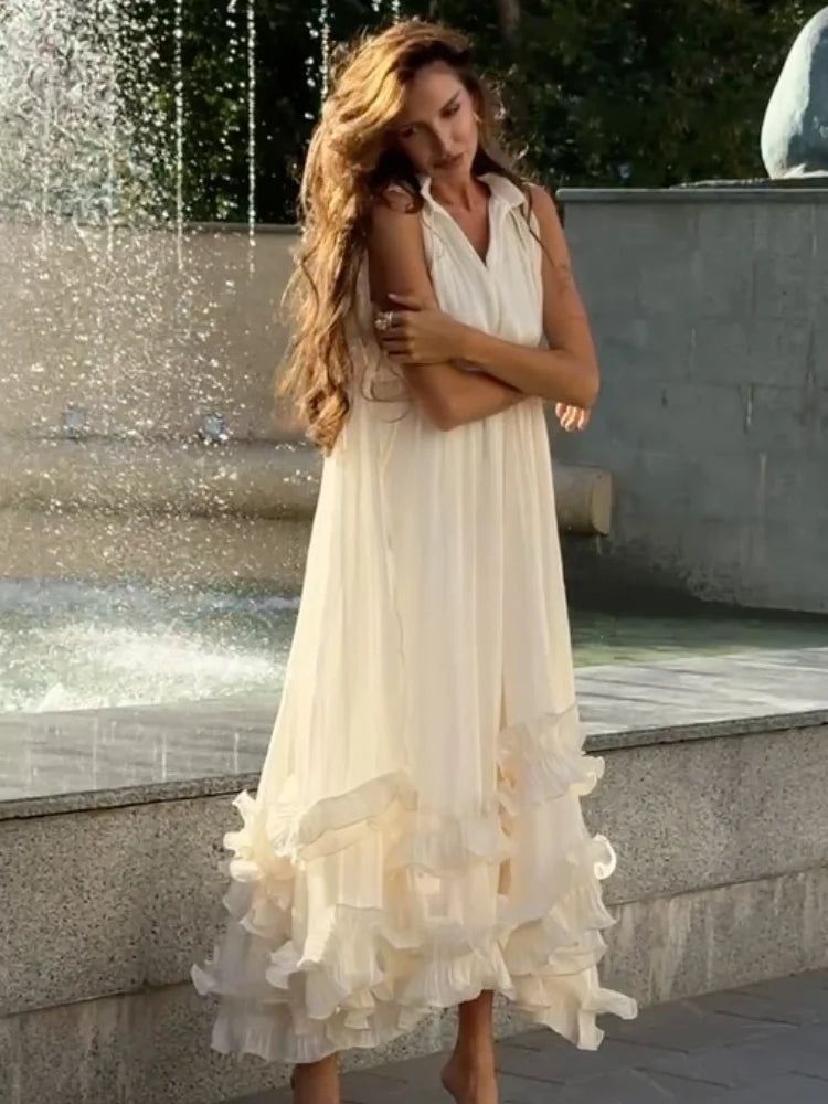 Women Solid Ruffle  Maxi Dress Fashion Lapel V-neck Sleeveless Pleated High Waist Chic Dresses 2026 Summer Lady Vacation Robes