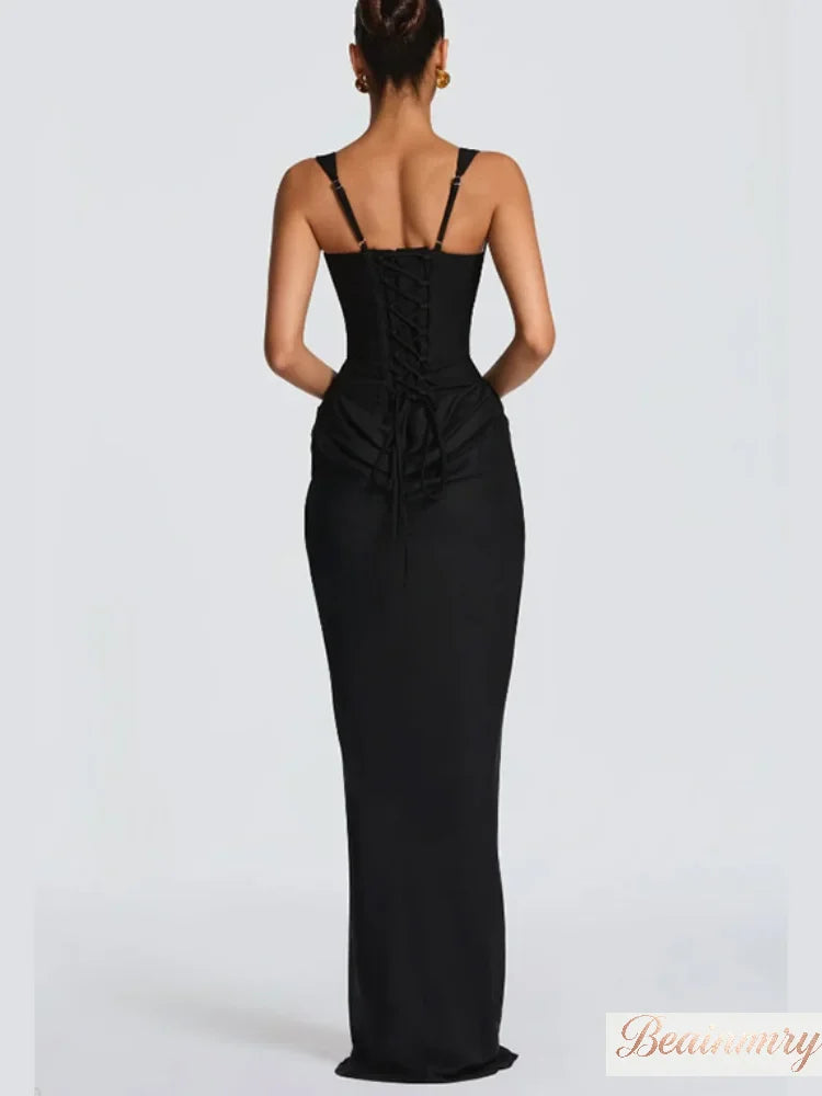 Solid Pleated Sling Dress Women Square Neck Sleeveless Off-shoulder Waist Cinching Slim Dresses Lady Summer Evening Party Gowns