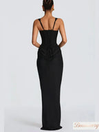 Solid Pleated Sling Dress Women Square Neck Sleeveless Off-shoulder Waist Cinching Slim Dresses Lady Summer Evening Party Gowns