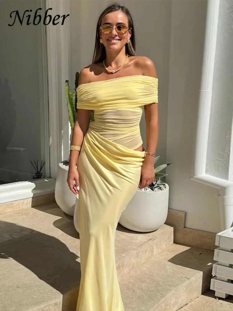 Nibber Ruched Irregular Dress Women Mesh Patchwork Slash Neck Short Sleeve Skinny Stretch Trend Elegant Long Bodycon Outfits