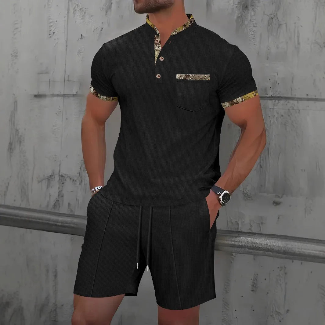 Waffle Zip Lapel Short Sleeve Suit Top for Men