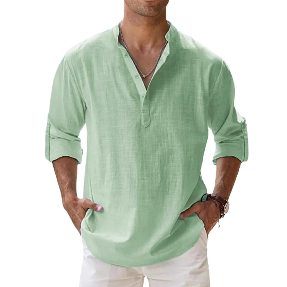 Cotton Linen Hot Sale Men's Long Sleeve Shirts Summer Solid Color Henley Collar Casual Beach Style Hawaiian Vacation