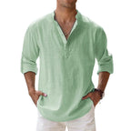 Cotton Linen Hot Sale Men's Long Sleeve Shirts Summer Solid Color Henley Collar Casual Beach Style Hawaiian Vacation