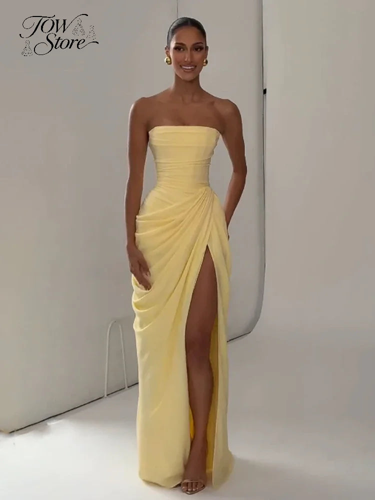 Women Sexy Solid Pleated Strapless Dress Lady Chic Off-shoulder Backless High Waist Split Dresses 2026 Summer Evening Party Gown