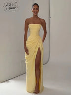 Women Sexy Solid Pleated Strapless Dress Lady Chic Off-shoulder Backless High Waist Split Dresses 2026 Summer Evening Party Gown