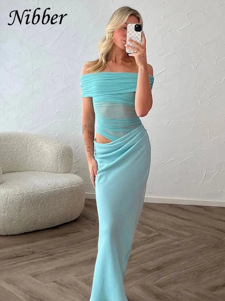 Nibber Ruched Irregular Dress Women Mesh Patchwork Slash Neck Short Sleeve Skinny Stretch Trend Elegant Long Bodycon Outfits