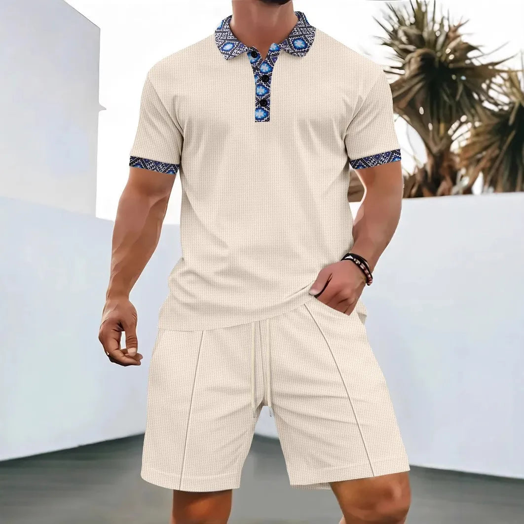 Waffle Zip Lapel Short Sleeve Suit Top for Men