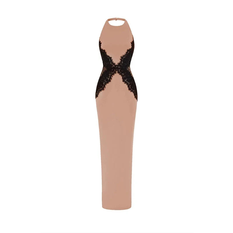 Elegant Lace Patchwork Halter Long Dress Women Hollow Out Backless Slim High Split Maxi Dresses 2026 Lady Holiday Evening Gowns