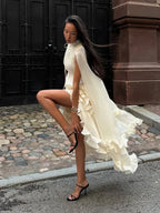 Women Solid Ruffle  Maxi Dress Fashion Lapel V-neck Sleeveless Pleated High Waist Chic Dresses 2026 Summer Lady Vacation Robes