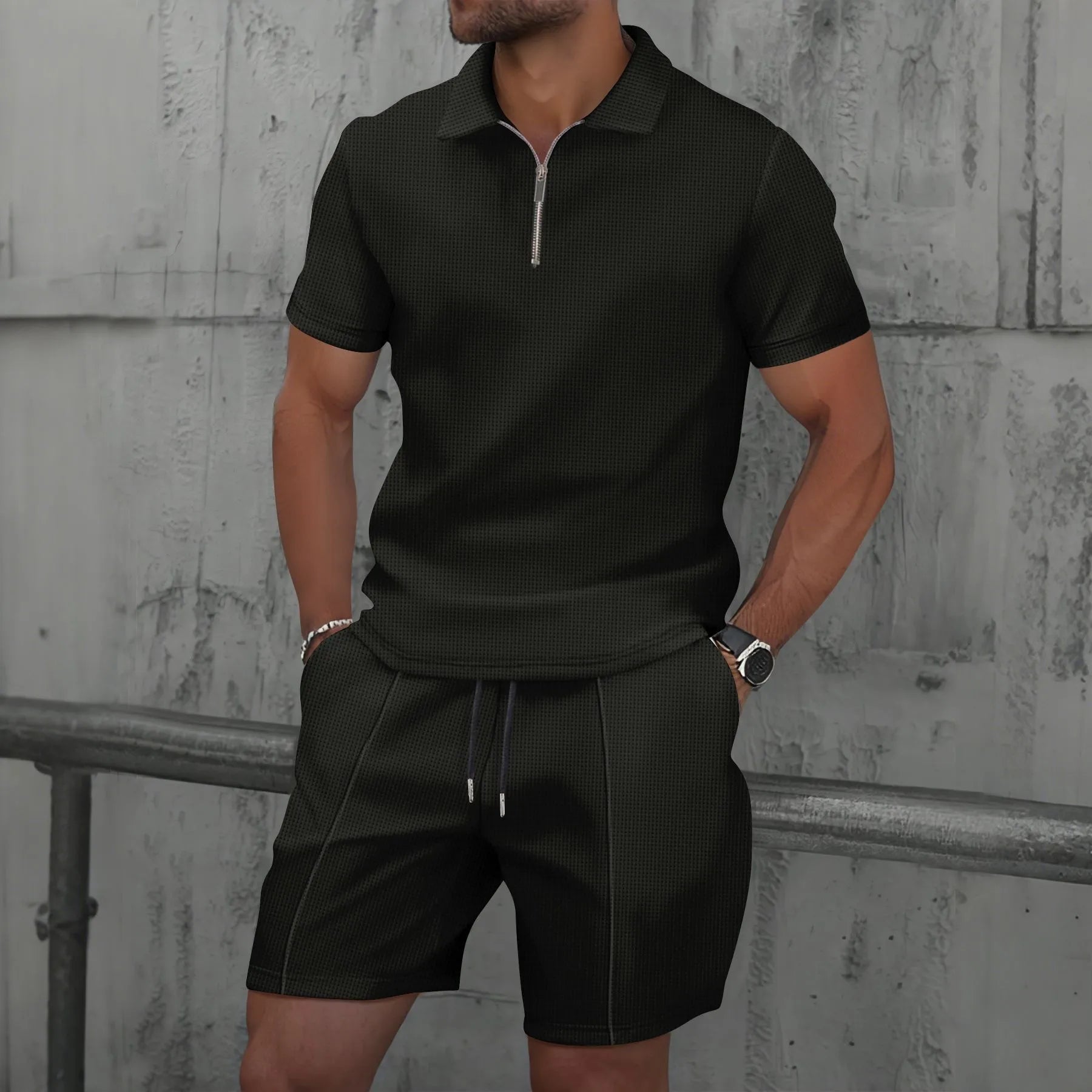 Waffle Zip Lapel Short Sleeve Suit Top for Men