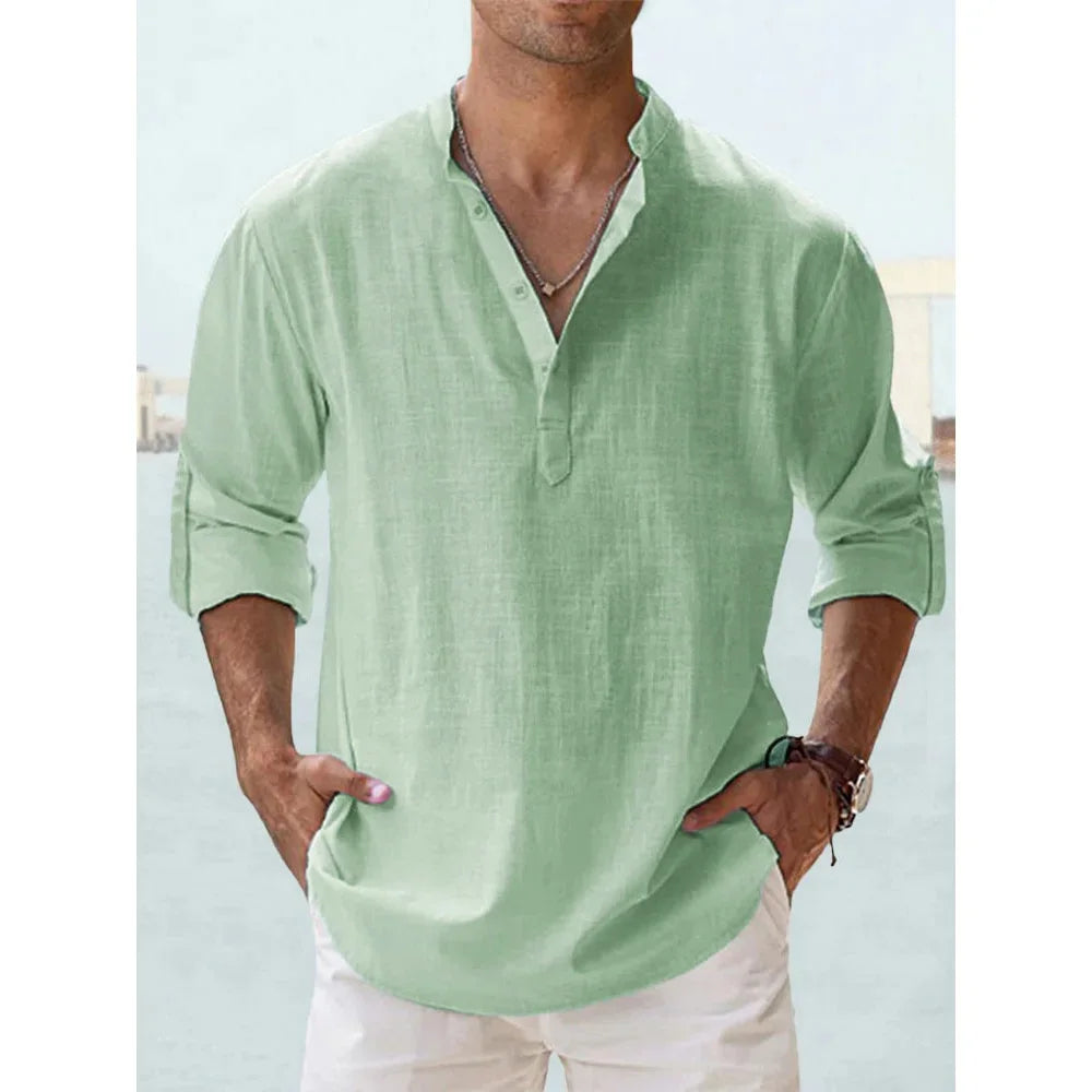 Cotton Linen Henley Long Sleeve Beach Shirt for Men