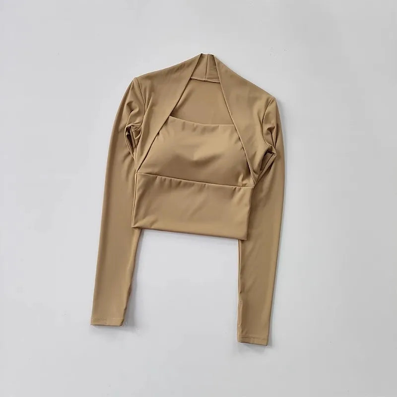Women's Elegant Long Sleeve Yoga Shawl Sports Top with Chest Cushion Short Elegant Yoga Top Small Camback Pura Speed Dry Autumn
