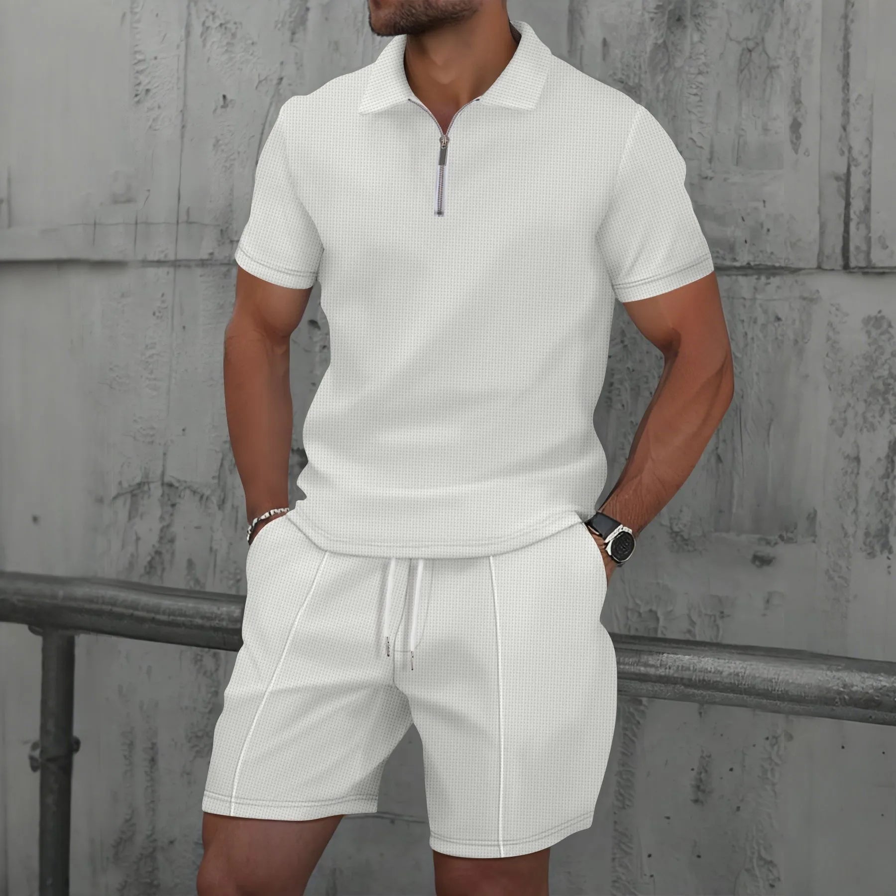 Waffle Zip Lapel Short Sleeve Suit Top for Men