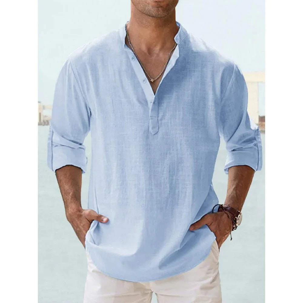 Cotton Linen Henley Long Sleeve Beach Shirt for Men