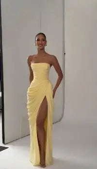 Women Sexy Solid Pleated Strapless Dress Lady Chic Off-shoulder Backless High Waist Split Dresses 2026 Summer Evening Party Gown