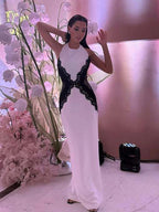Elegant Lace Patchwork Halter Long Dress Women Hollow Out Backless Slim High Split Maxi Dresses 2026 Lady Holiday Evening Gowns