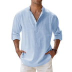 Cotton Linen Hot Sale Men's Long Sleeve Shirts Summer Solid Color Henley Collar Casual Beach Style Hawaiian Vacation
