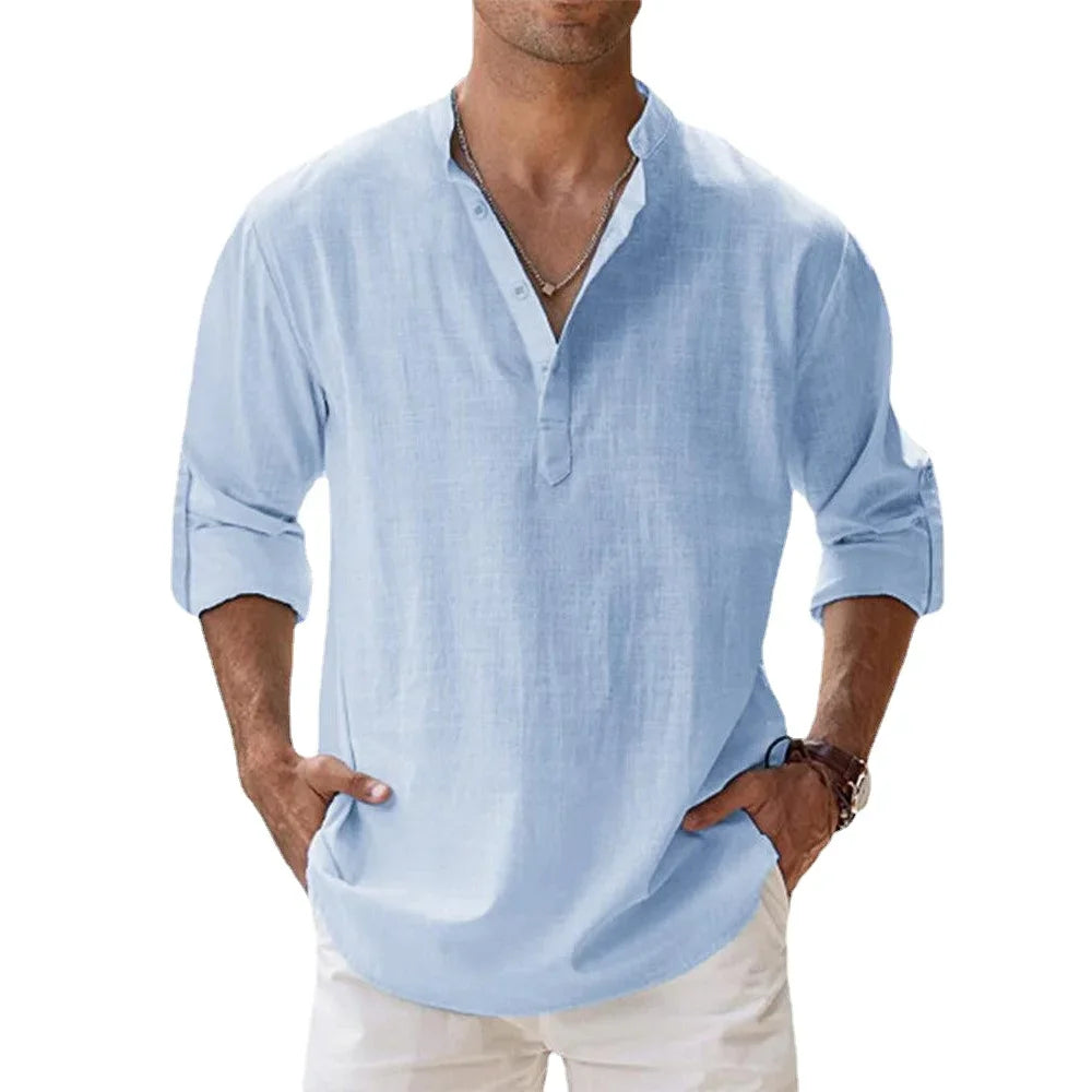 Cotton Linen Hot Sale Men's Long Sleeve Shirts Summer Solid Color Henley Collar Casual Beach Style Hawaiian Vacation
