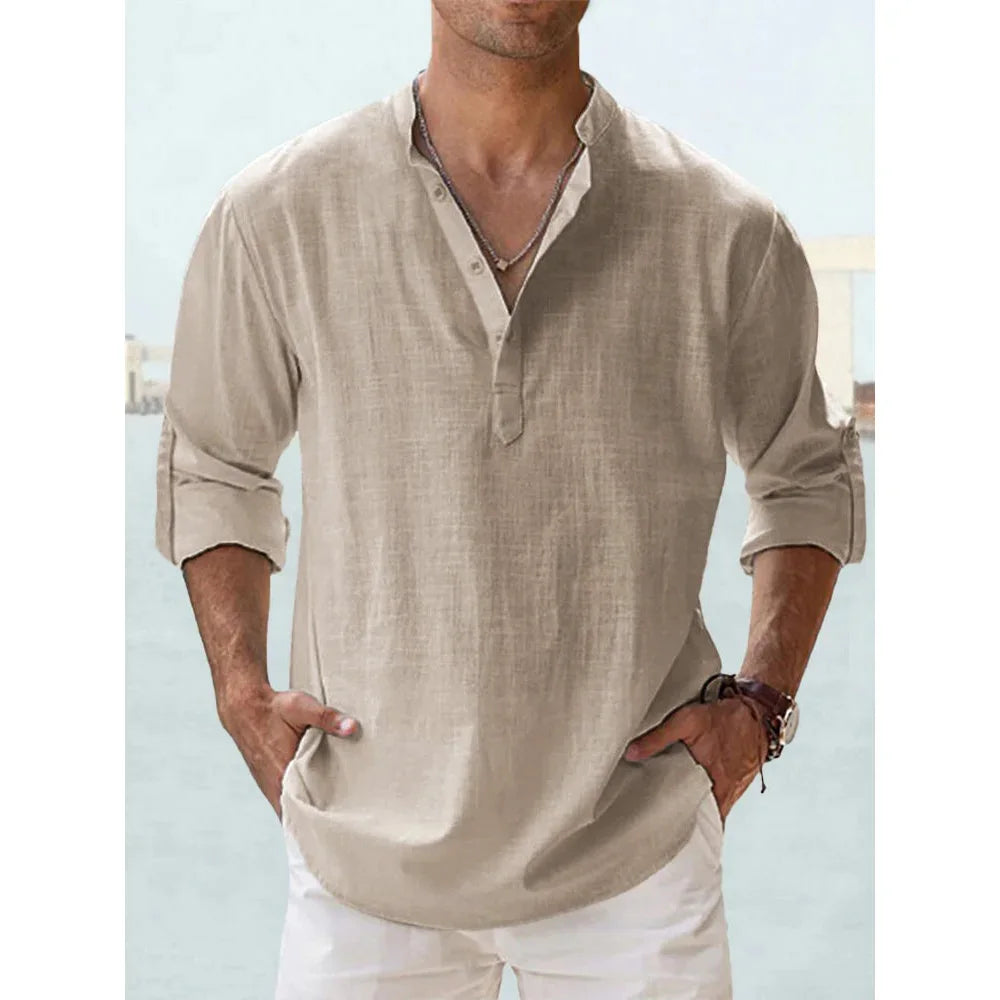 Cotton Linen Henley Long Sleeve Beach Shirt for Men