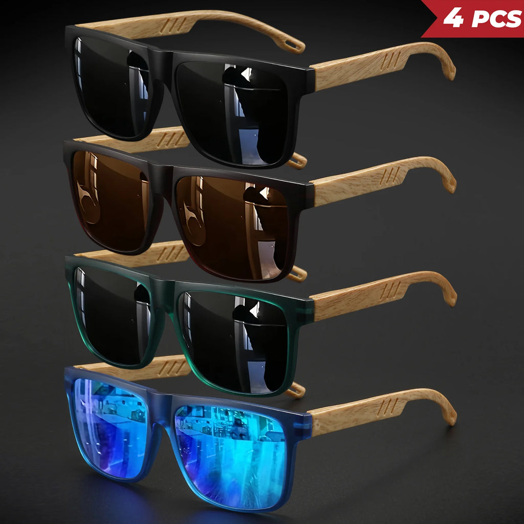 New Fashion Square Sunglasses - Wood Grain Spring Hinge, UV400 Unisex for Driving, Hiking & Travel