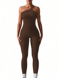 Women Yoga Jumpsuits Workout Ribbed One Shoulder One Piece Sport Jumpsuits