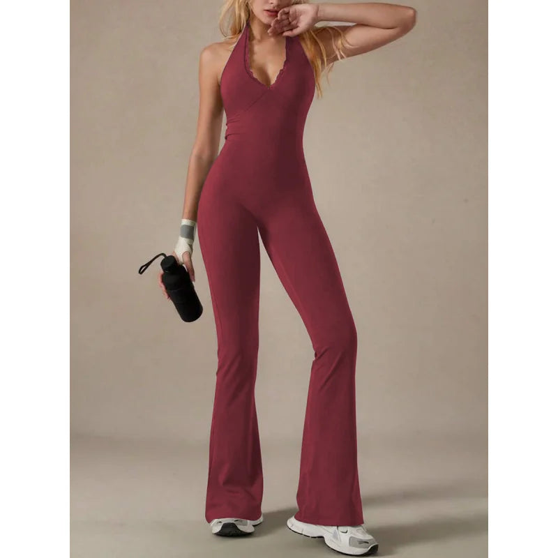 FUBEIKE New Lace Collar Yoga Wear Long Pants Solid ColorRunning Sports Halter Bodysuit Tight Yoga Pilates Sportswear Gym Clothes