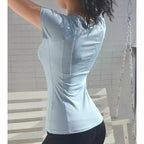 Women's sports and fitness short sleeved shirt, round neck pullover, mesh breathable quick drying yoga and fitness T-shirt