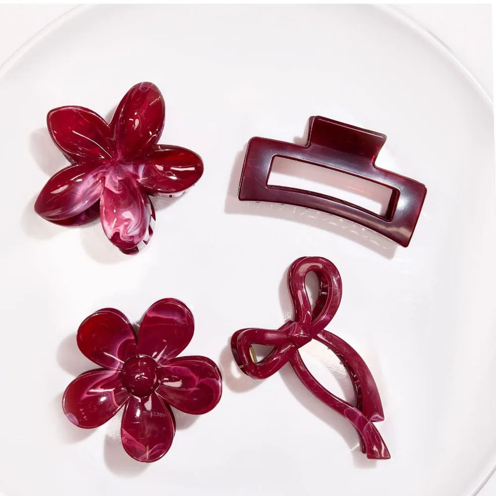 4Pcs Autumn Winter Burgundy Bow Square Flower Hair Claw Clips for Women MultiStyle Red Fashion Hair Accessories Headwear Hairpin