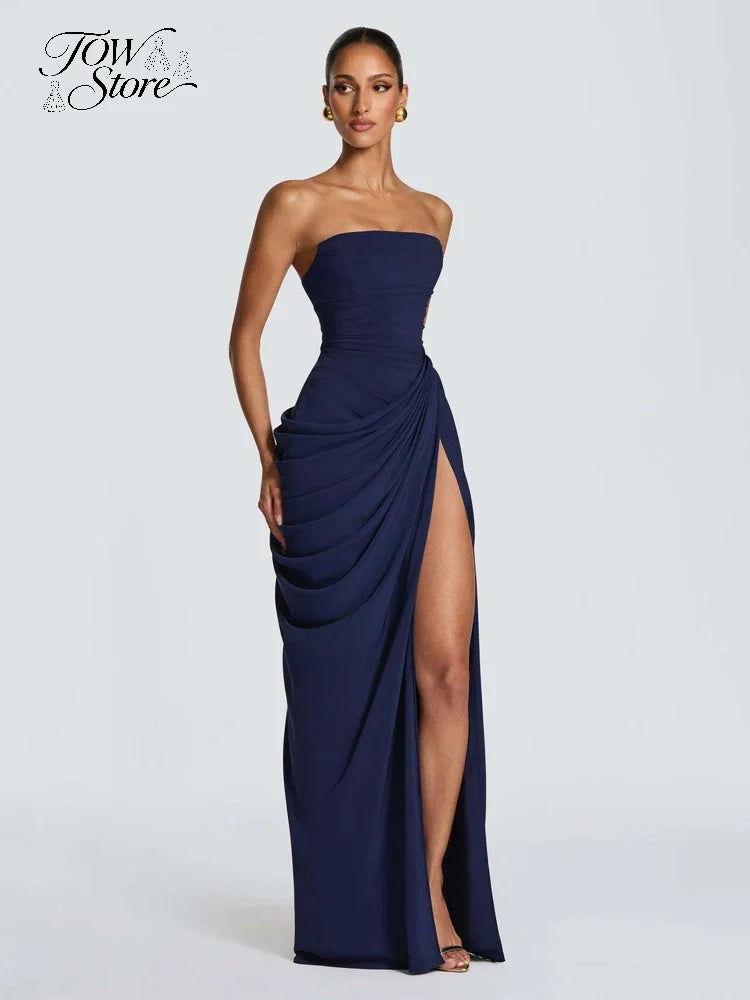 Women Sexy Solid Pleated Strapless Dress Lady Chic Off-shoulder Backless High Waist Split Dresses 2026 Summer Evening Party Gown