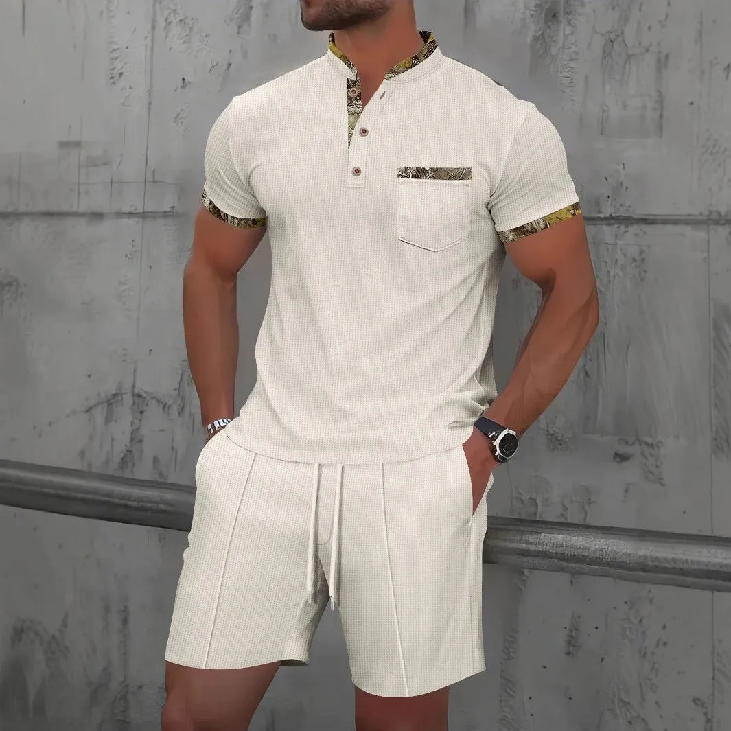 Waffle Zip Lapel Short Sleeve Suit Top for Men