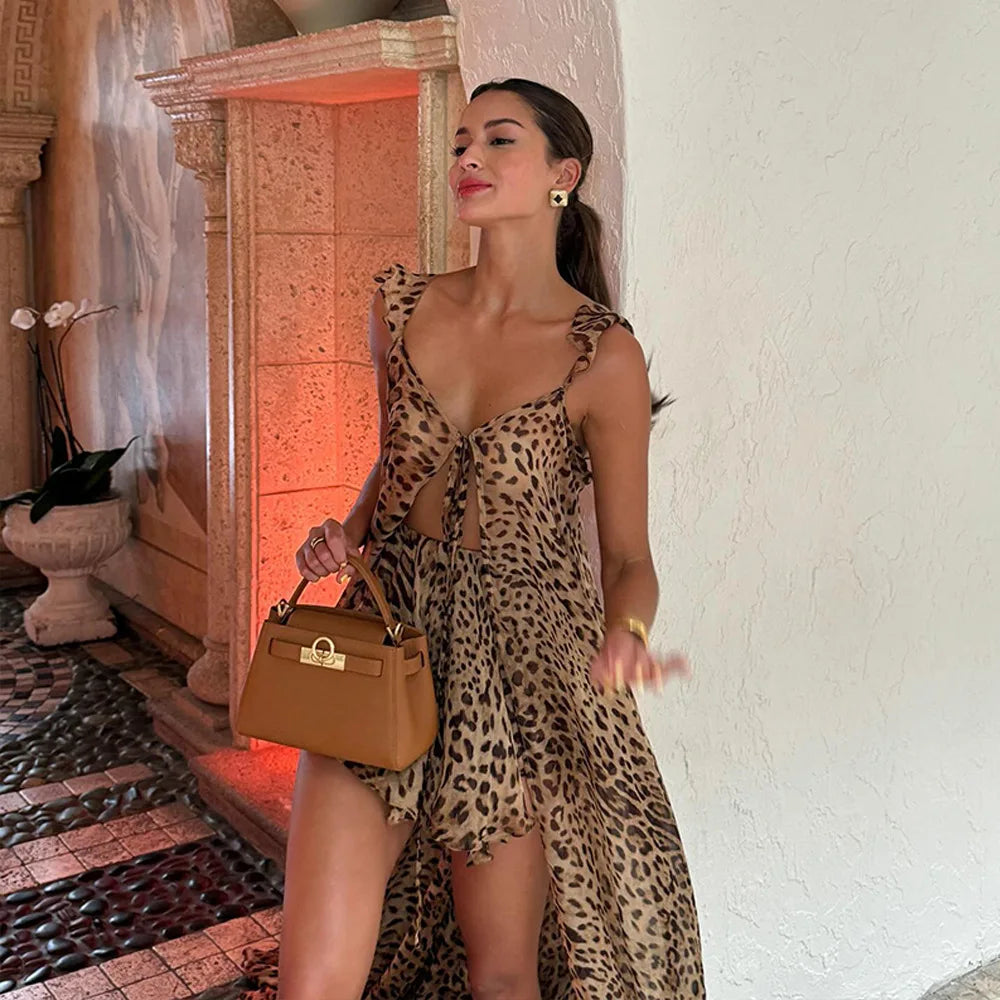 Women's Summer 2025 Beach Vacation Dress Set Chiffon Print Halter Long Dress Loose Leopard Print Shorts Elegant Casual Outfit