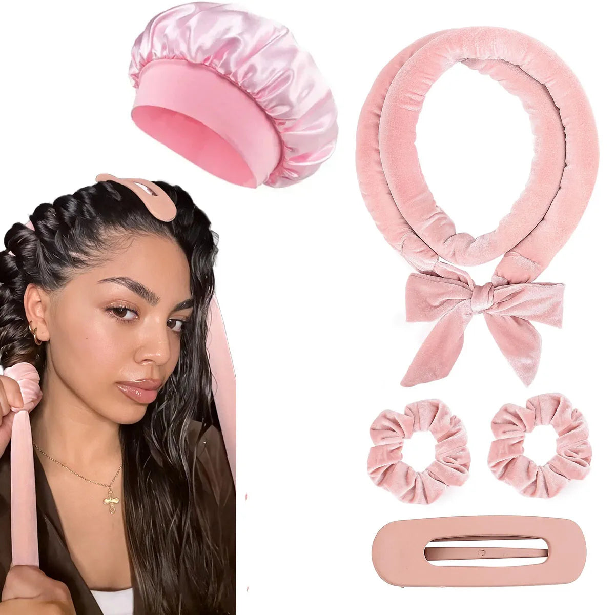 Heatless Hair Curler Set with Satin Bonnet No Heat Sleep in Curlers Headband Soft Hair Curler Satin Curlers Curls Styling Tools
