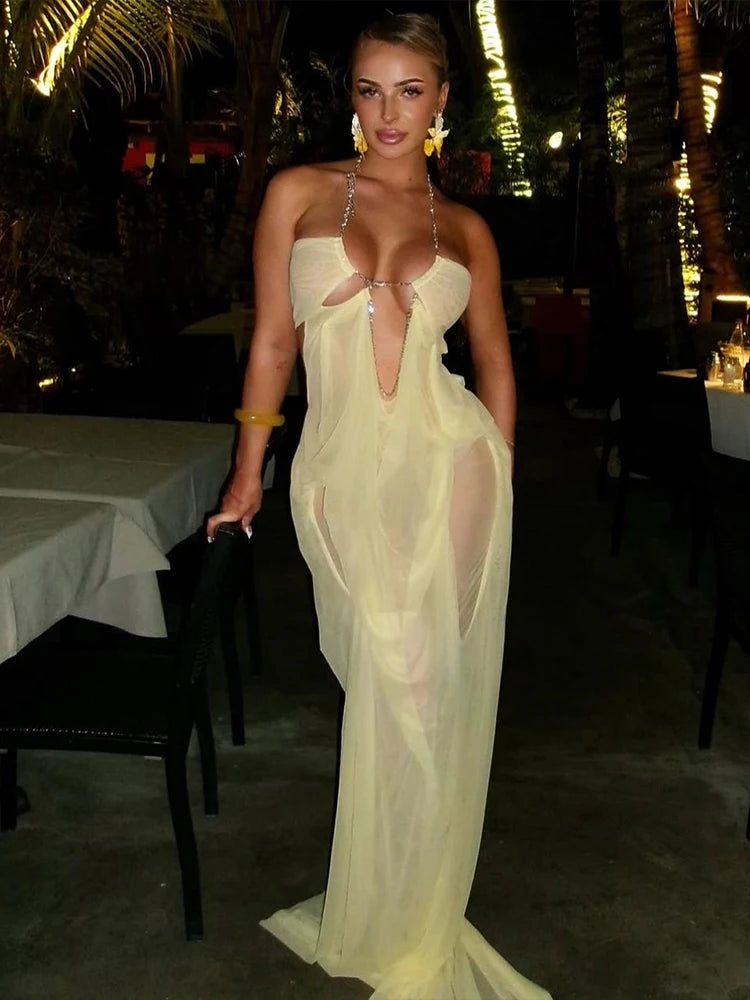 Kliou Ruched Elegant Gown Dress Woman Mesh Patchwork Luxury Chain Halter Backless Sleeveless Evening Prom Party Hipster Vestidos