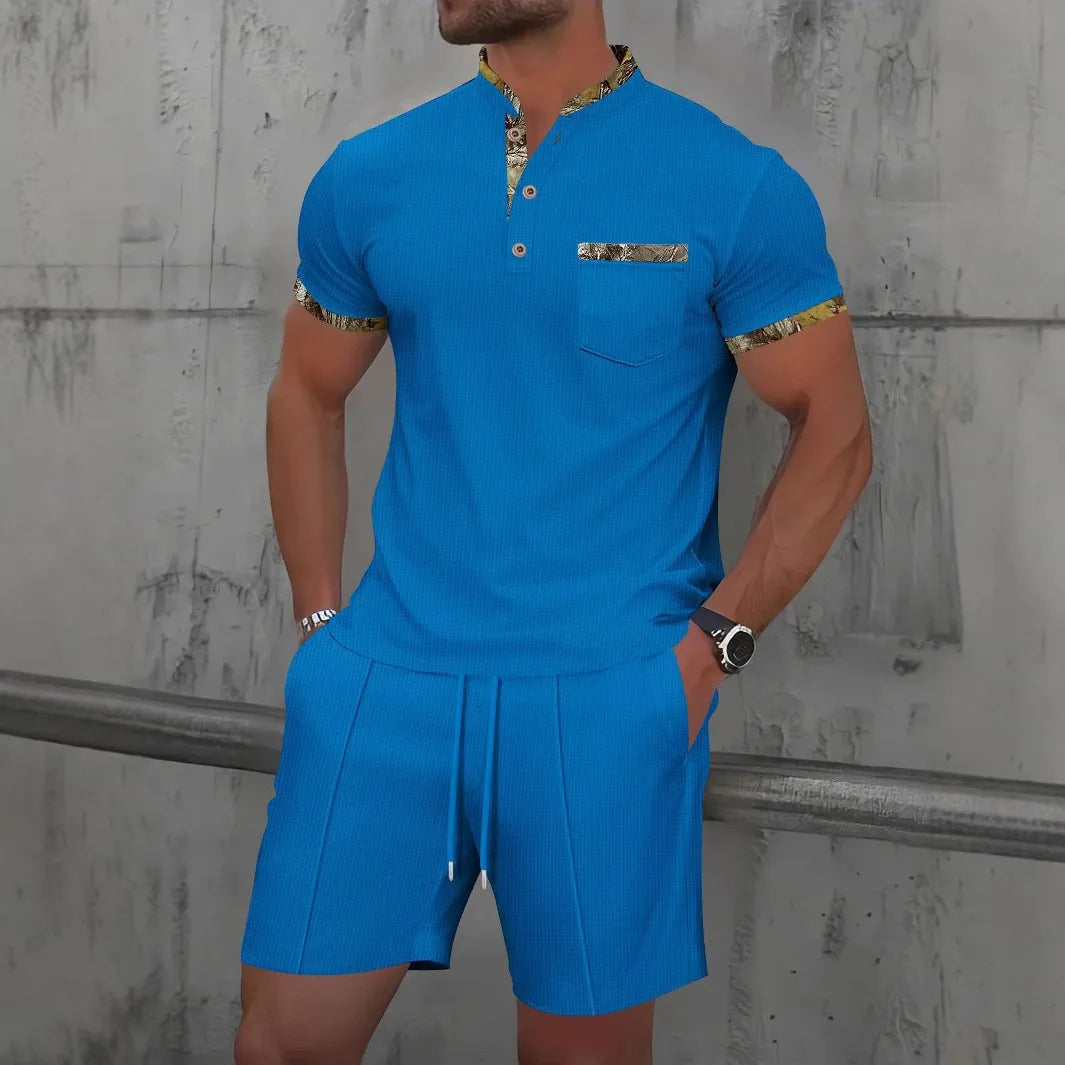 Waffle Zip Lapel Short Sleeve Suit Top for Men