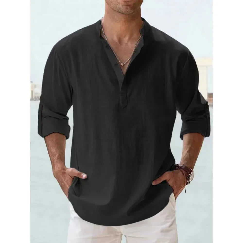 Cotton Linen Henley Long Sleeve Beach Shirt for Men