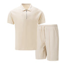 2026 Men Europe and the United States new summer Waffle solid color zip-up lapel short-sleeve suit shorts two sets
