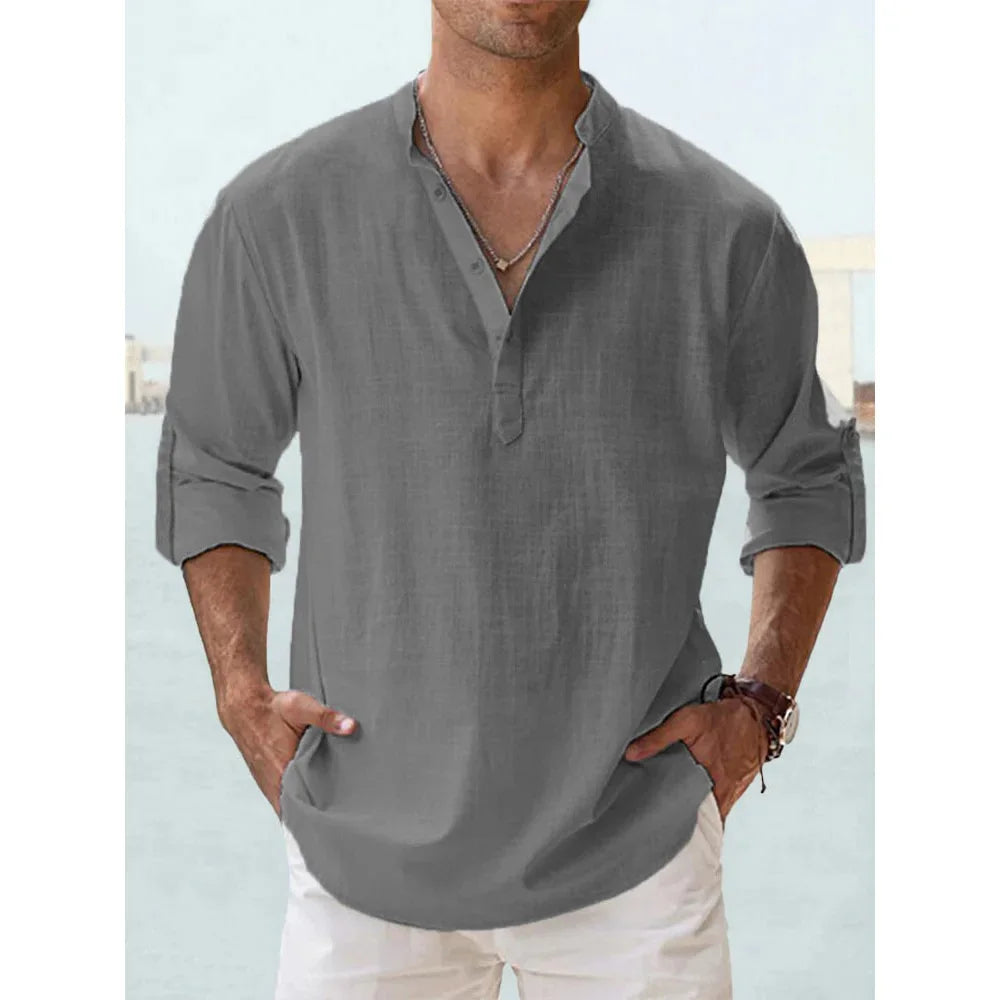 Cotton Linen Henley Long Sleeve Beach Shirt for Men