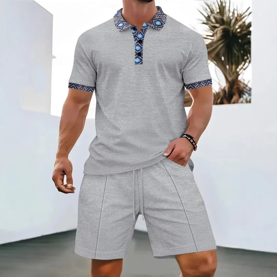 Waffle Zip Lapel Short Sleeve Suit Top for Men