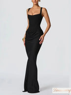 Solid Pleated Sling Dress Women Square Neck Sleeveless Off-shoulder Waist Cinching Slim Dresses Lady Summer Evening Party Gowns