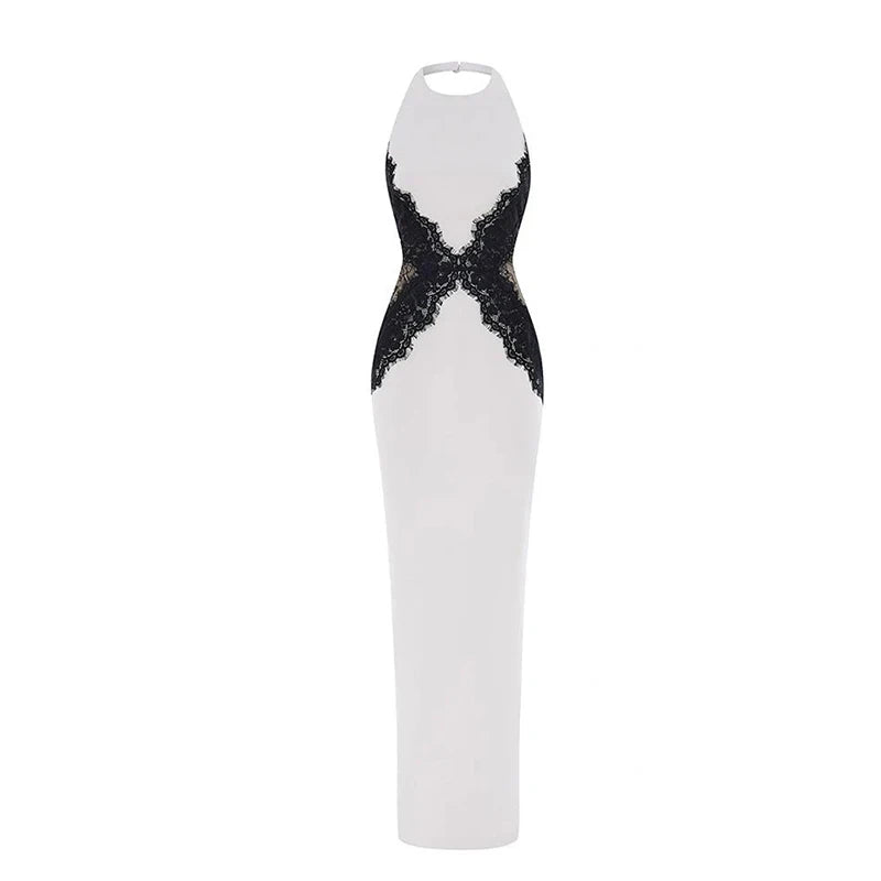 Elegant Lace Patchwork Halter Long Dress Women Hollow Out Backless Slim High Split Maxi Dresses 2026 Lady Holiday Evening Gowns