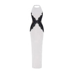 Elegant Lace Patchwork Halter Long Dress Women Hollow Out Backless Slim High Split Maxi Dresses 2026 Lady Holiday Evening Gowns